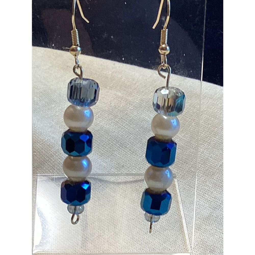 NWOT. AB Blue Crystal & Faux Pearl Goldtone Earrings
